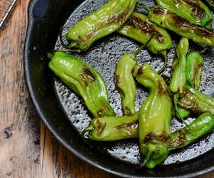 shishito peppers in iron skillet